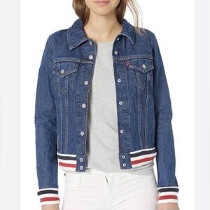 Levi's Original Rib Trim Trucker Jacket Small S Indigo Denim Striped Hem Cuffs